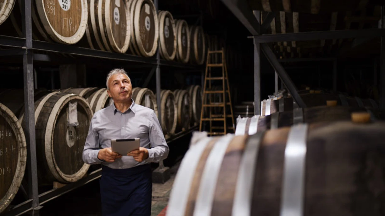 A worker walking in a wine cellar checking the barrels