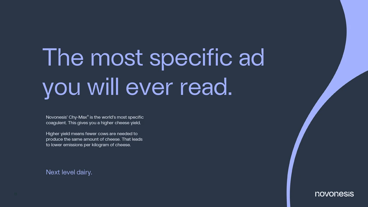 Advertisement with a dark blue background and light blue text promoting Novonessis' Chy-Max® coagulant. The headline reads 'The most specific ad you will ever read’ 