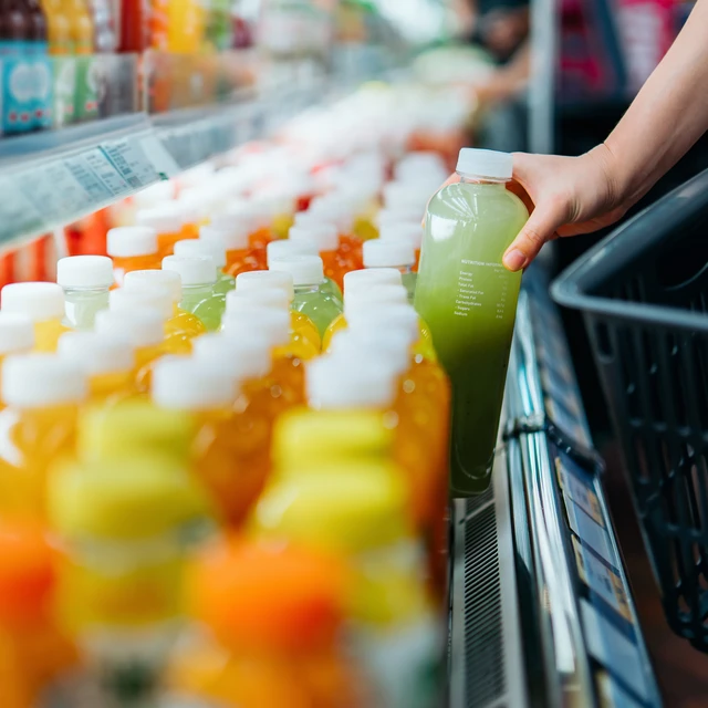 shopping in supermarket, taking out a bottle of juice into a shopping basket