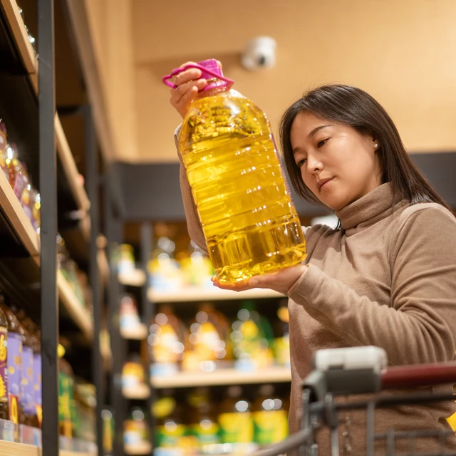Asian women are buying edible oil in the supermarket