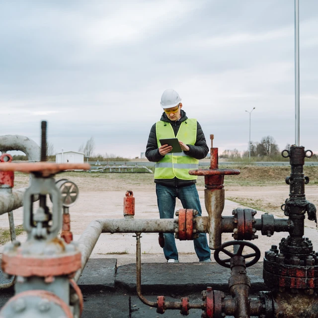 Stationary or technical engineer at work, checking valve pipes