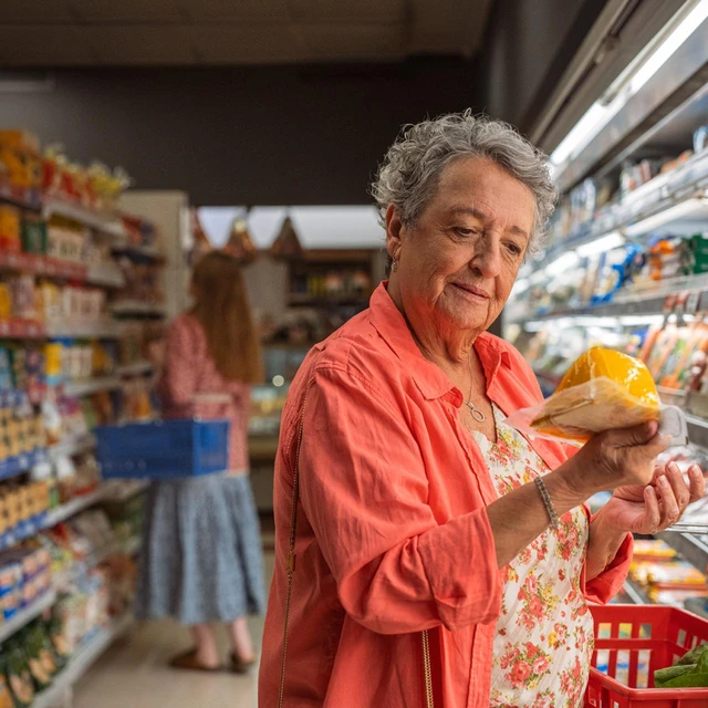 Woman looking at cheese supermarket