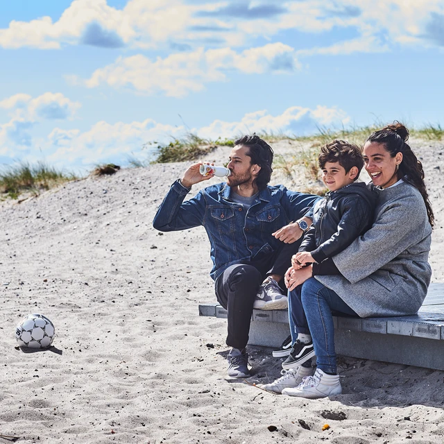 A father, mother and their young son on the beach. 