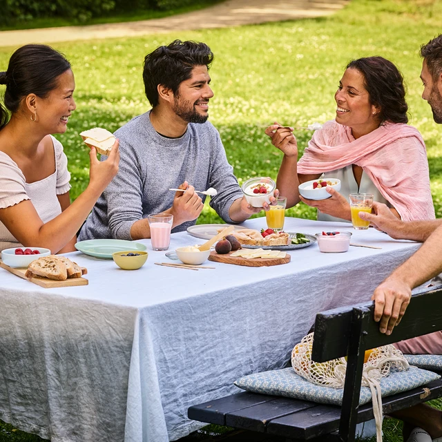 Two men and two women eating in the garden. 
