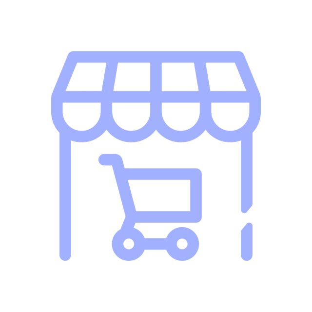 Icon showing a shopping trolley under an awning, indicating a supermarket 