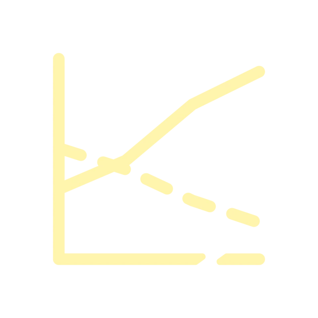 Icon of a graph with a solid line going up and a dotted one going down, indicating increased productivity 