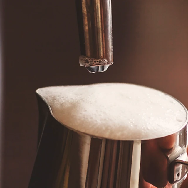 Professional bartender warming milk for cappuccino