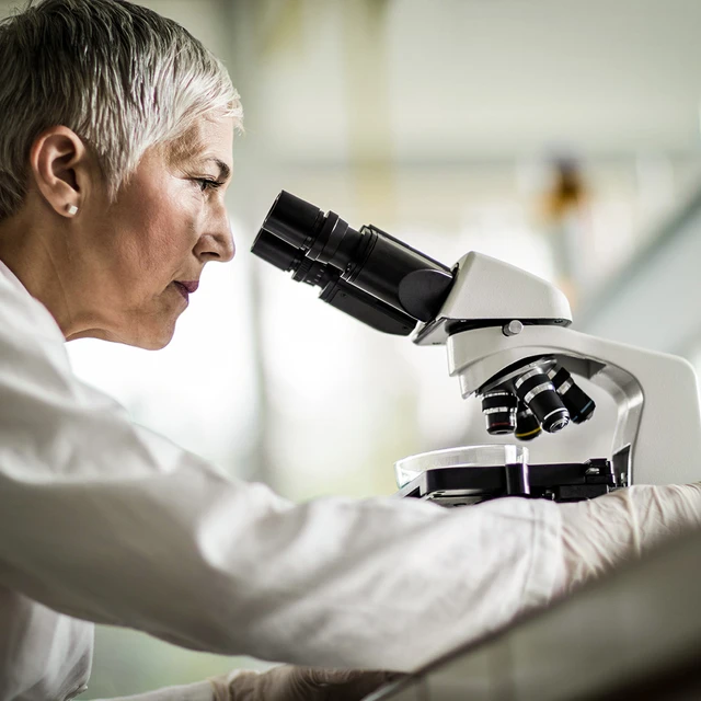 A mature scientist looking into a microscope in a laboratory.
