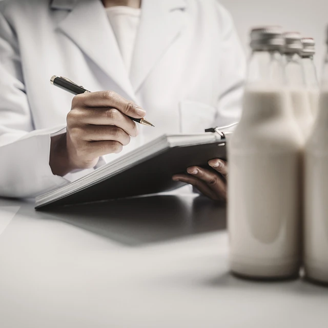 Person in a lab coat writing on a clipboard with glass bottles of milk on the table 