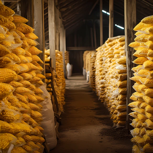 A large wooden barn with rows of stacked yellow grain bags