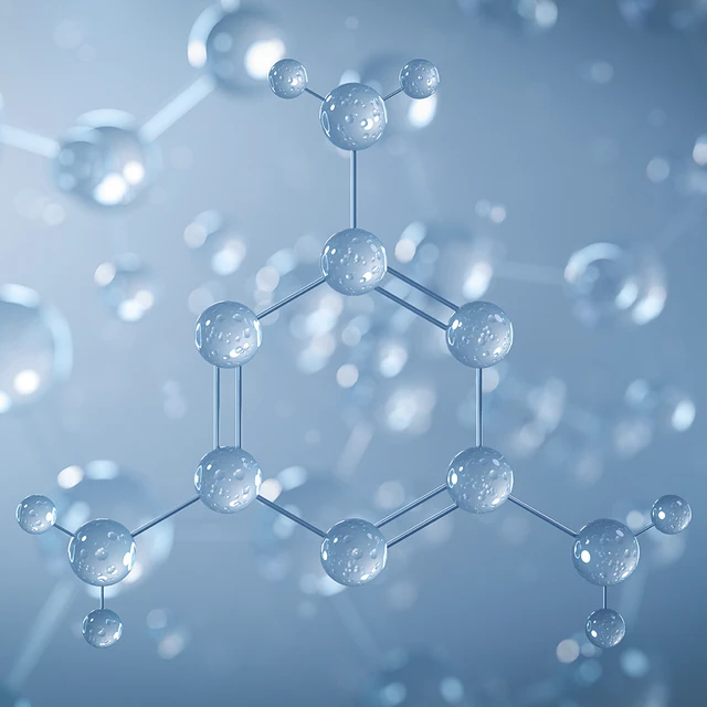 3D model of a benzene ring with blurred molecular structures in the background