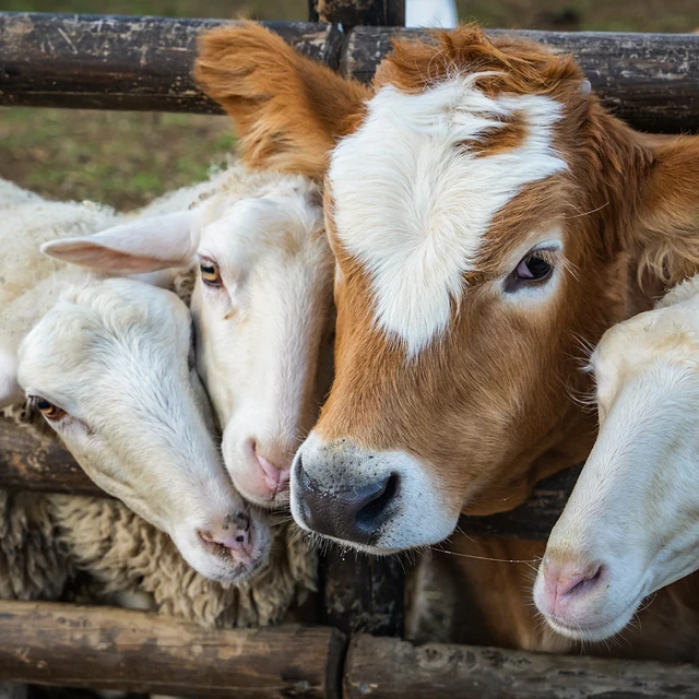 Close-up of a cow and three sheep standing together outside 
