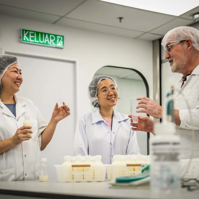 Two women and a man working in a dairy lab, wearing white coats and hairnets, smiling and laughing together 