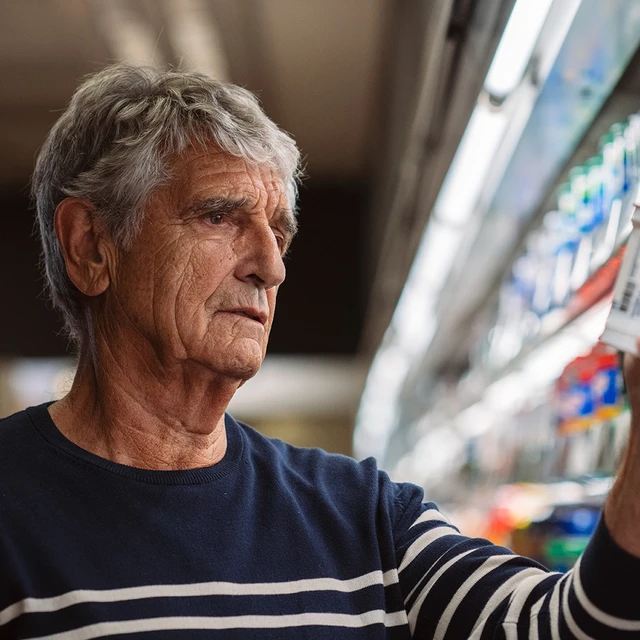 man looking a yogurt in supermarket