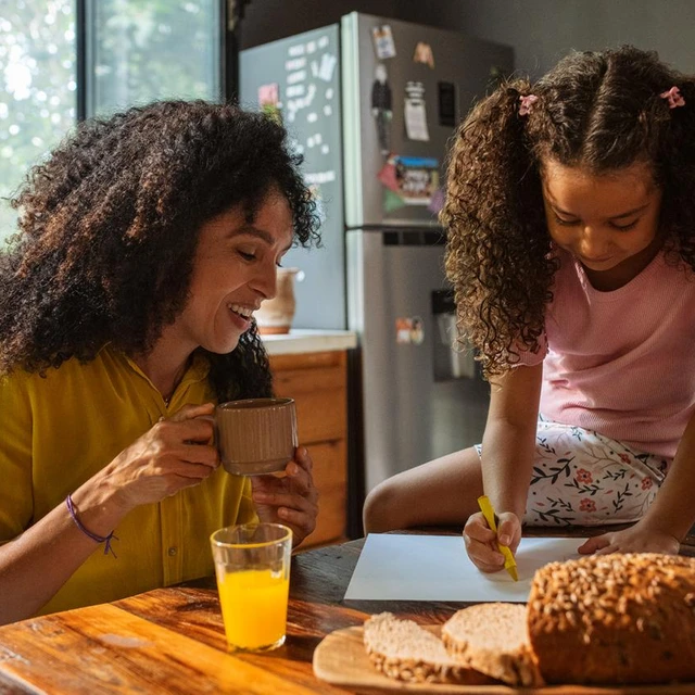 mother and daughter coffee juice bread drawing