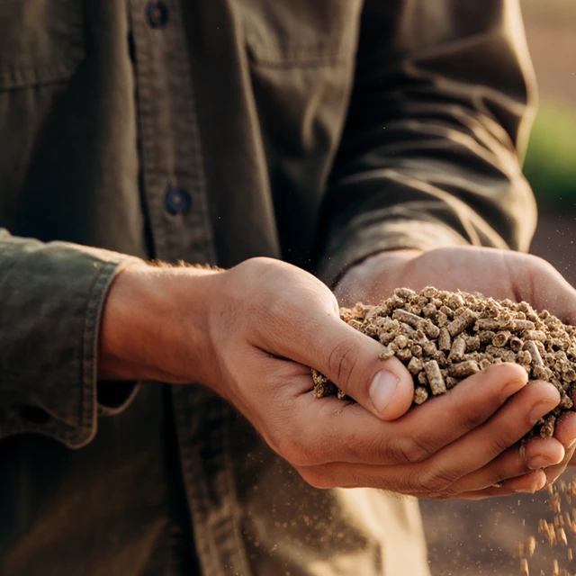 a farmer holding feed for animals