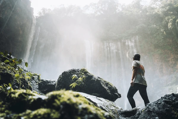 Man in the jungle looking at a waterfall