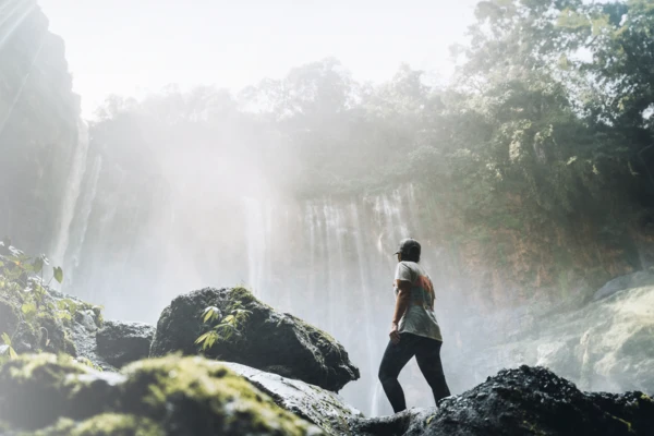 Man in the jungle looking at a waterfall