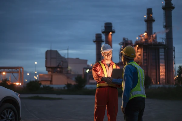 Two workers talking at night