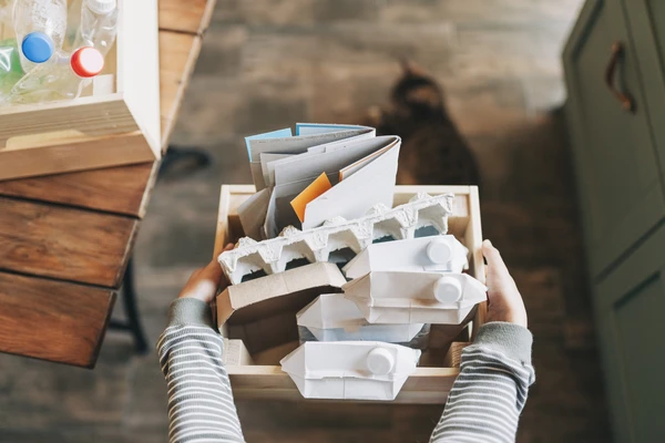 boy sorting recycling bag