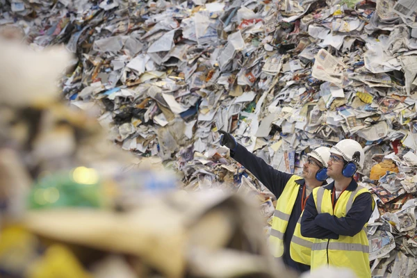 Workers discussing in a paper recycle station