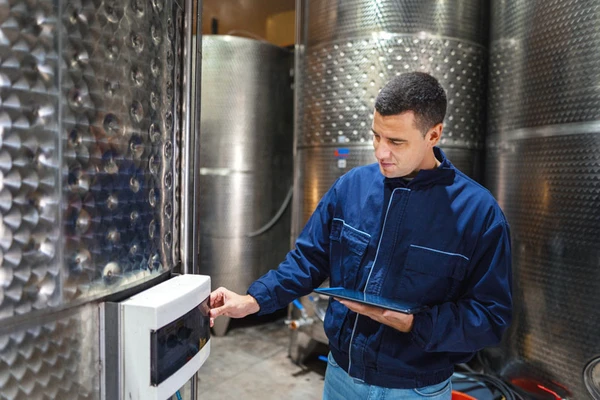 A worker checking on wine fermentation tank