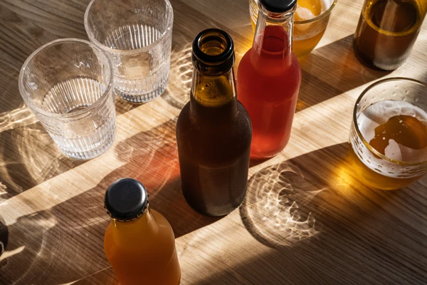 Glasses of kombucha on a table seen from above