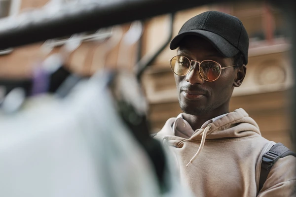 young male tourist wearing cap and shopping at street market
