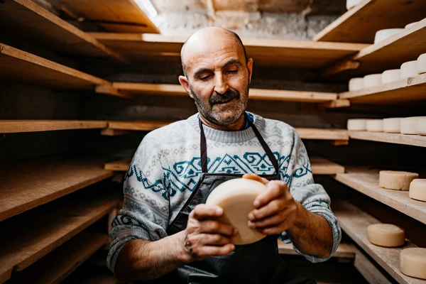 Cheese maker holding a large cheese
