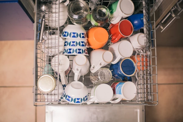 Upper tray of the dishwasher full of mugs