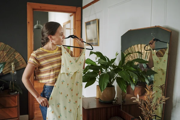 Woman trying on a dress in a mirror while getting ready for a date