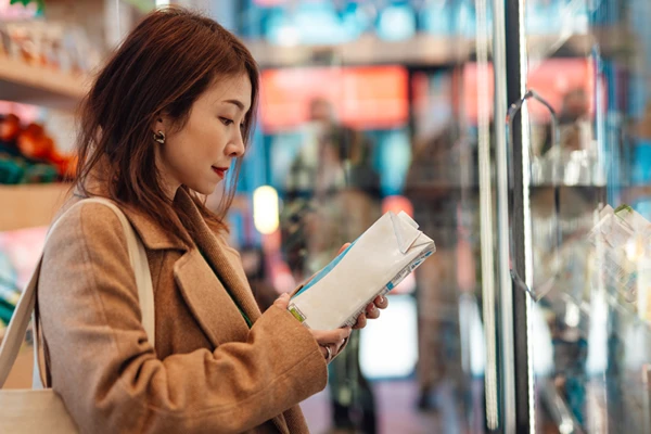 Asian lady looking at labels on plant based drinks