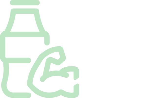 Icon showing a flask of drinkable yogurt and an arm flexing, indicating high-protein yogurt 