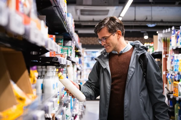 man buying fabric softener in the supermarket