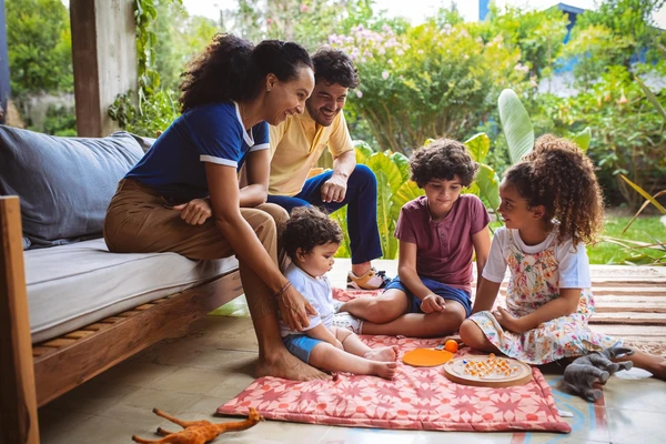 Family playing on the patio