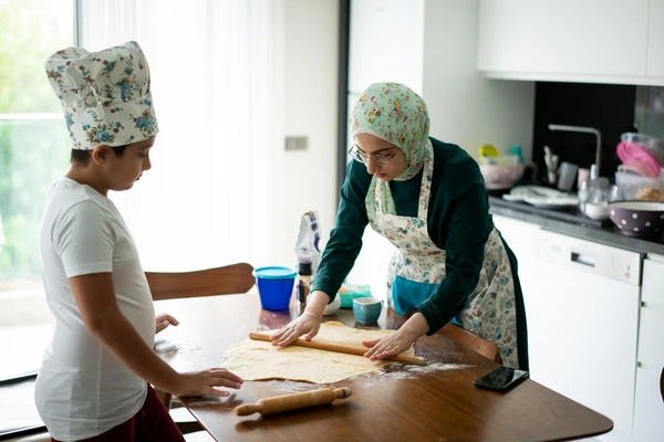 mother and son cooking