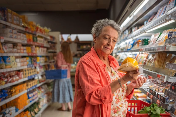 A woman grocery shopping in supermarket, choosing fresh packets of cheese from the diary aisle. 