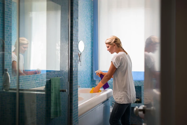 young woman doing chores and cleaning bathroom
