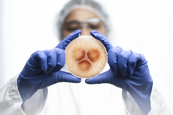scientist holding petri dish