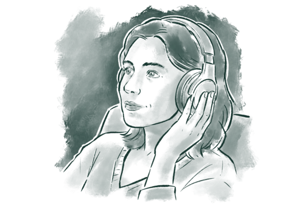 Woman listening to podcast