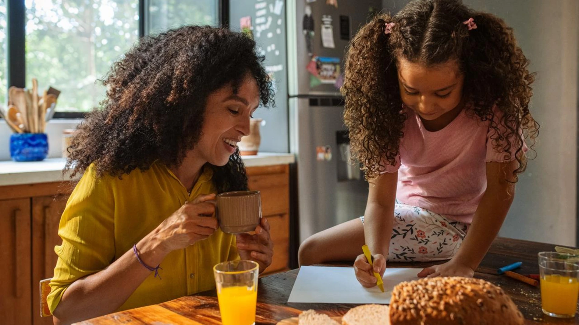 mother and daughter coffee juice bread drawing