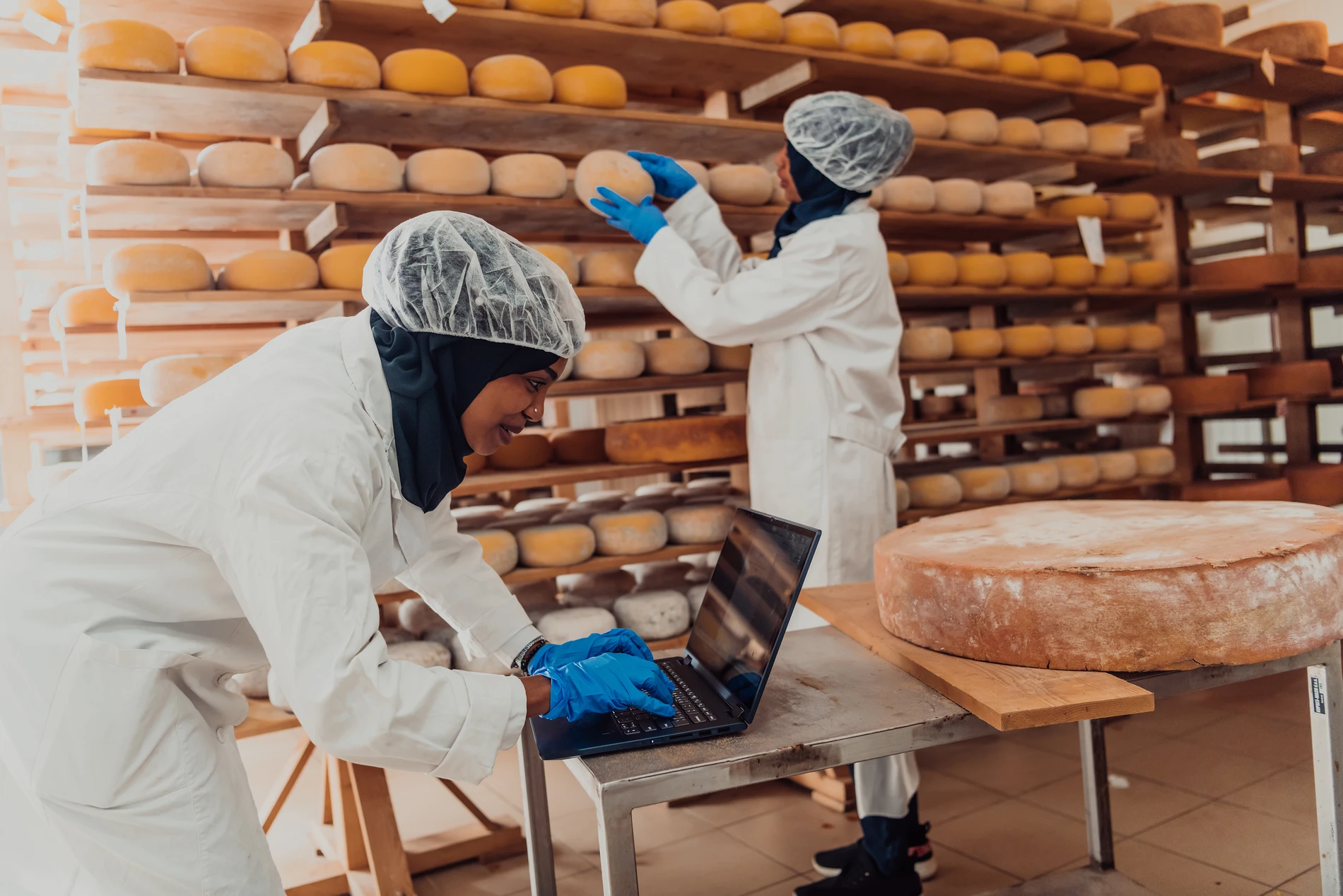 Workers in cheese storage