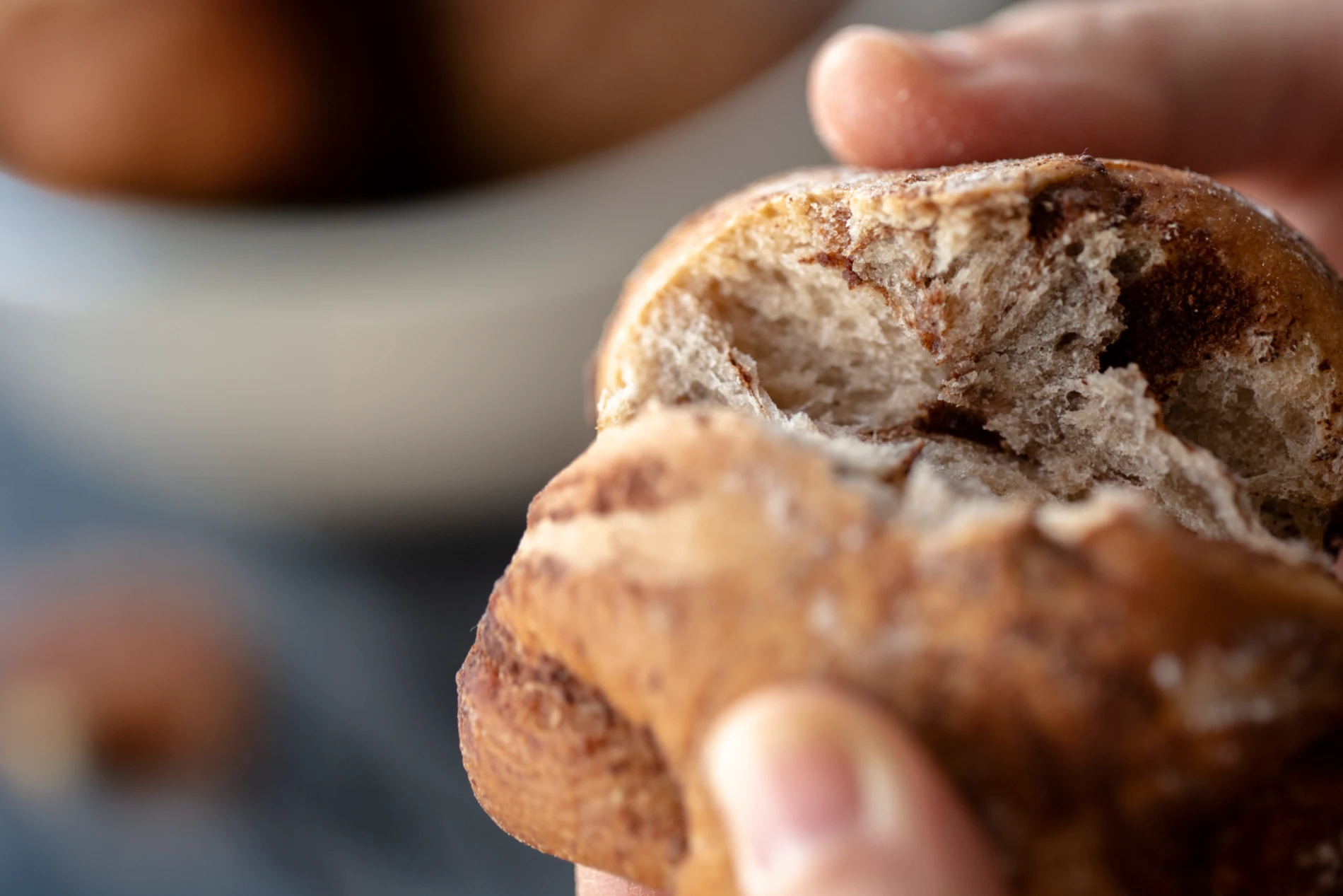 Close up of hands tearing into a cinnamon roll